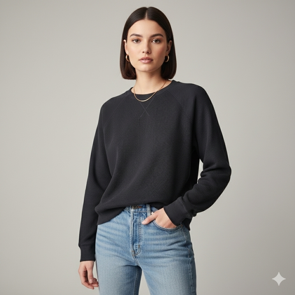 VINTAGE 90s RD Style Black Waffle Knit Raglan Crewneck XS